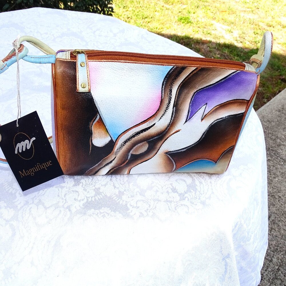 Cross Body Purse Hand Painted Genuine Leather by Magnifique 10" x 8"x3